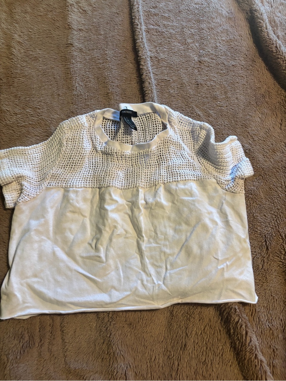 White Mesh Panel Short Sleeve crop Top